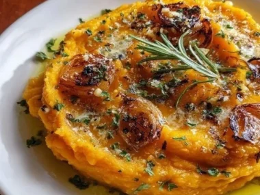 Bowl of roasted garlic mashed butternut squash topped with herbs