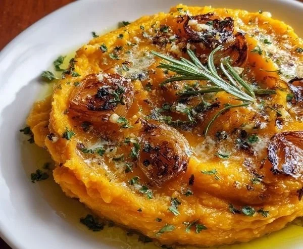 Bowl of roasted garlic mashed butternut squash topped with herbs