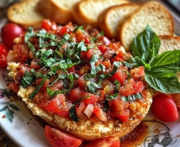 Savory baked bruschetta dip with fresh basil and garlic served in a dish.