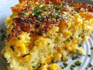 Savory baked corn pudding with cheddar cheese and fresh herbs in a dish