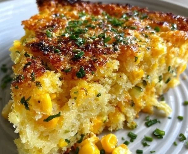 Savory baked corn pudding with cheddar cheese and fresh herbs in a dish