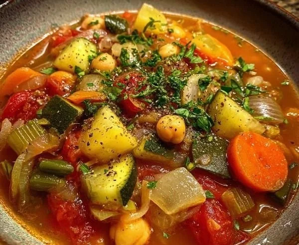 Bowl of savory hearty Mediterranean vegetable soup with fresh vegetables and herbs
