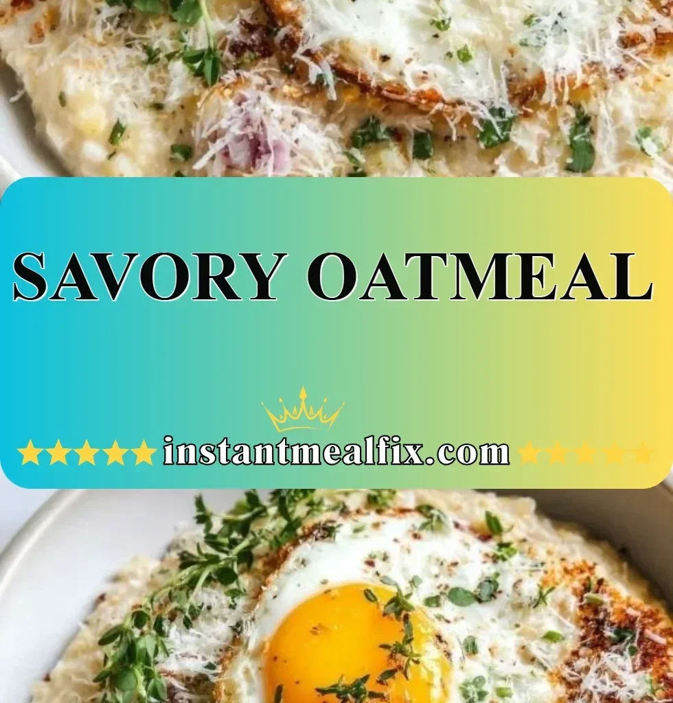 Bowl of savory oatmeal topped with vegetables and herbs