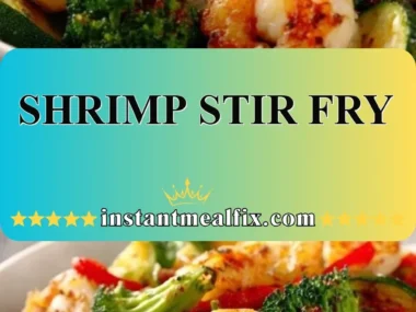 Colorful shrimp stir fry with vegetables and aromatic herbs in a pan
