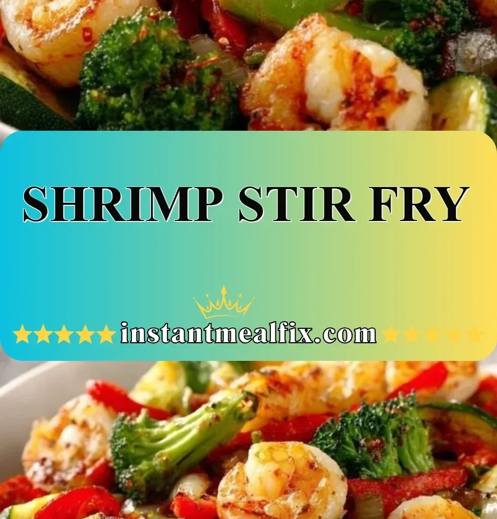 Colorful shrimp stir fry with vegetables and aromatic herbs in a pan