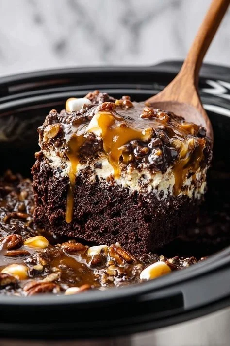 Delicious slow cooker chocolate caramel cake topped with rich chocolate sauce.