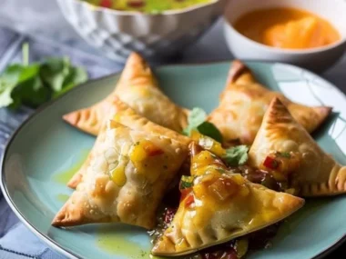 Delicious spiced lamb samosas served with mango chutney