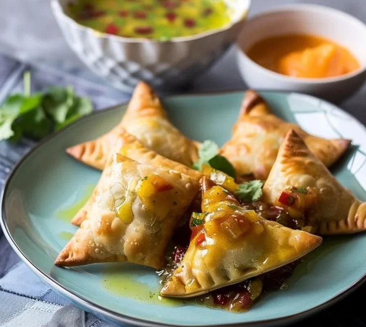 Delicious spiced lamb samosas served with mango chutney