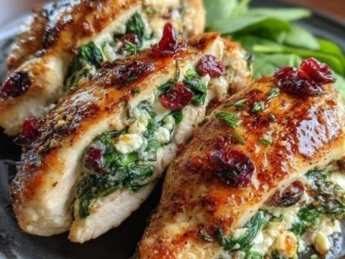 Spinach and cranberry stuffed chicken breasts on a plate