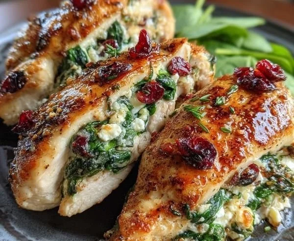 Spinach and cranberry stuffed chicken breasts on a plate