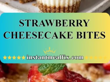Delicious strawberry cheesecake bites on a plate garnished with fresh strawberries.
