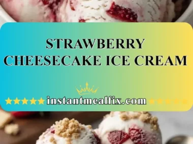 Delicious strawberry cheesecake ice cream in a bowl topped with fresh strawberries