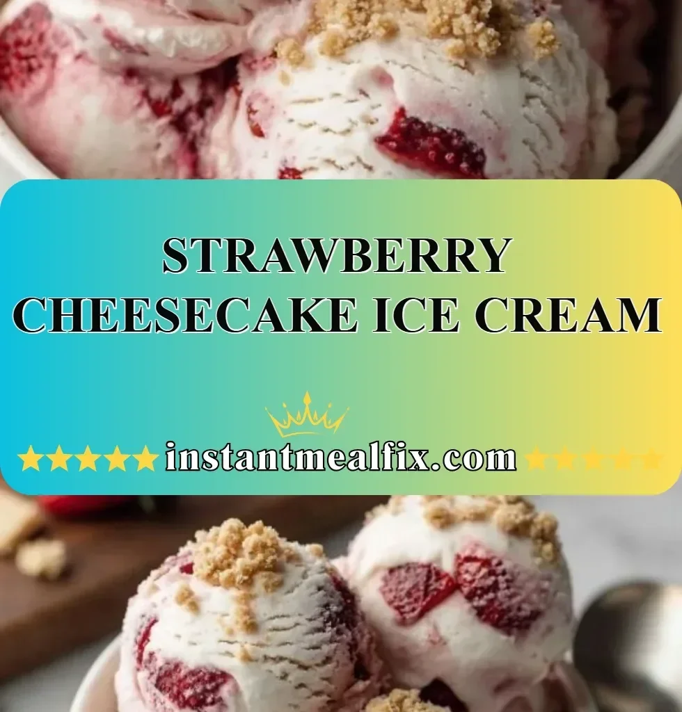 Delicious strawberry cheesecake ice cream in a bowl topped with fresh strawberries