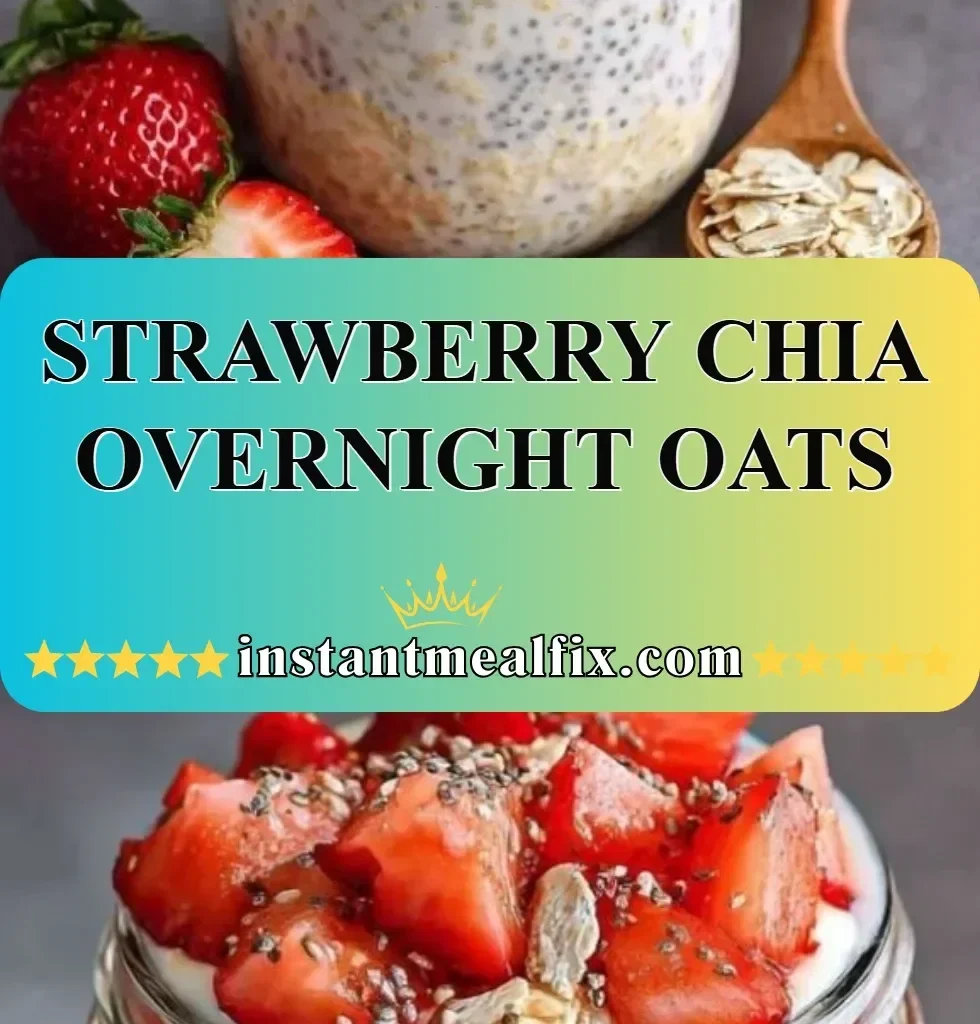 Bowl of Strawberry Chia Overnight Oats topped with fresh strawberries and chia seeds.