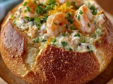 Stuffed seafood bread bowl filled with fresh seafood and creamy sauce