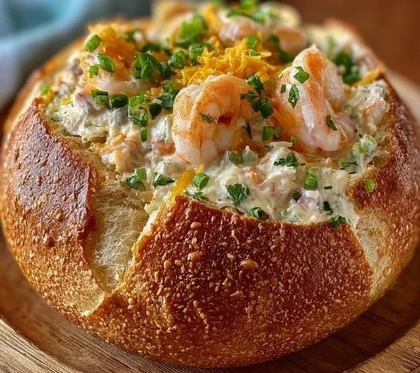 Stuffed seafood bread bowl filled with fresh seafood and creamy sauce