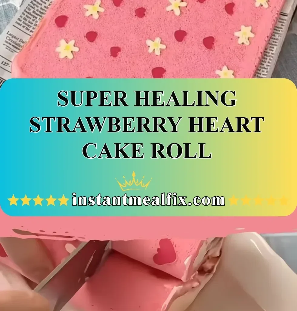 Super Healing Strawberry Heart Cake Roll topped with fresh strawberries and cream