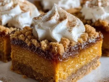 Delicious sweet potato pie bars ready to be served on a wooden table.