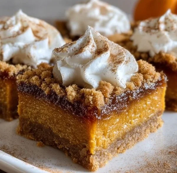 Delicious sweet potato pie bars ready to be served on a wooden table.