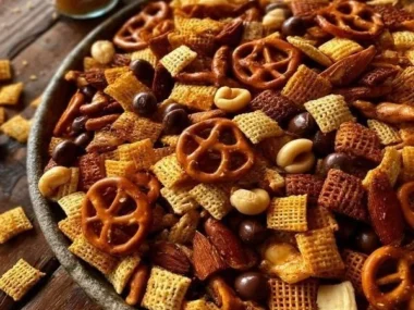 Sweet & Smoky Party Mix in a bowl with colorful snacks and nuts.