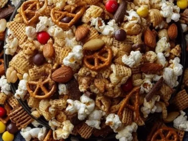 Sweet & Smoky Party Mix in a colorful bowl ready for a celebration