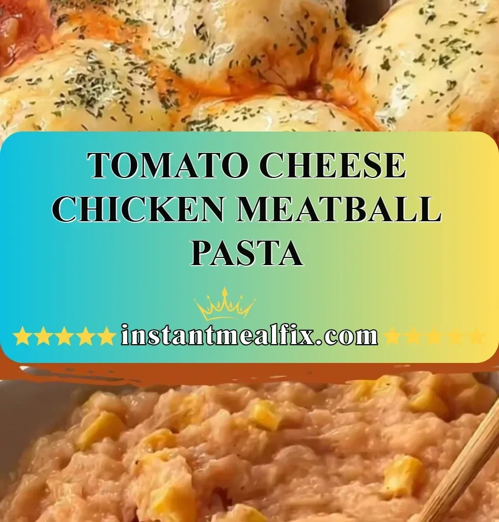 Delicious Tomato Cheese Chicken Meatball Pasta in a bowl