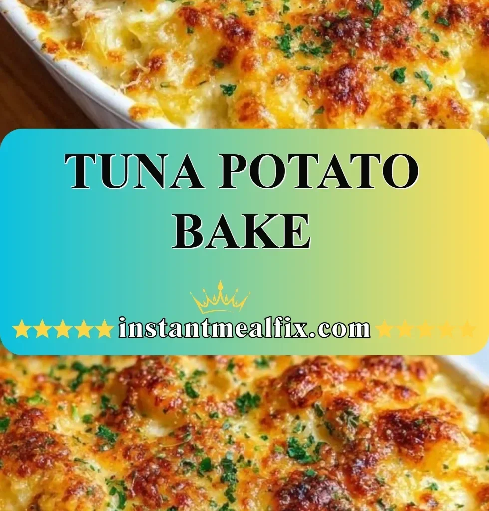 Delicious Tuna Potato Bake served in a baking dish with herbs and cheese