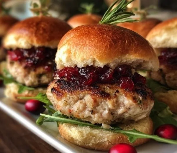 Turkey Cranberry Sliders with savory turkey and cranberry sauce on a bun
