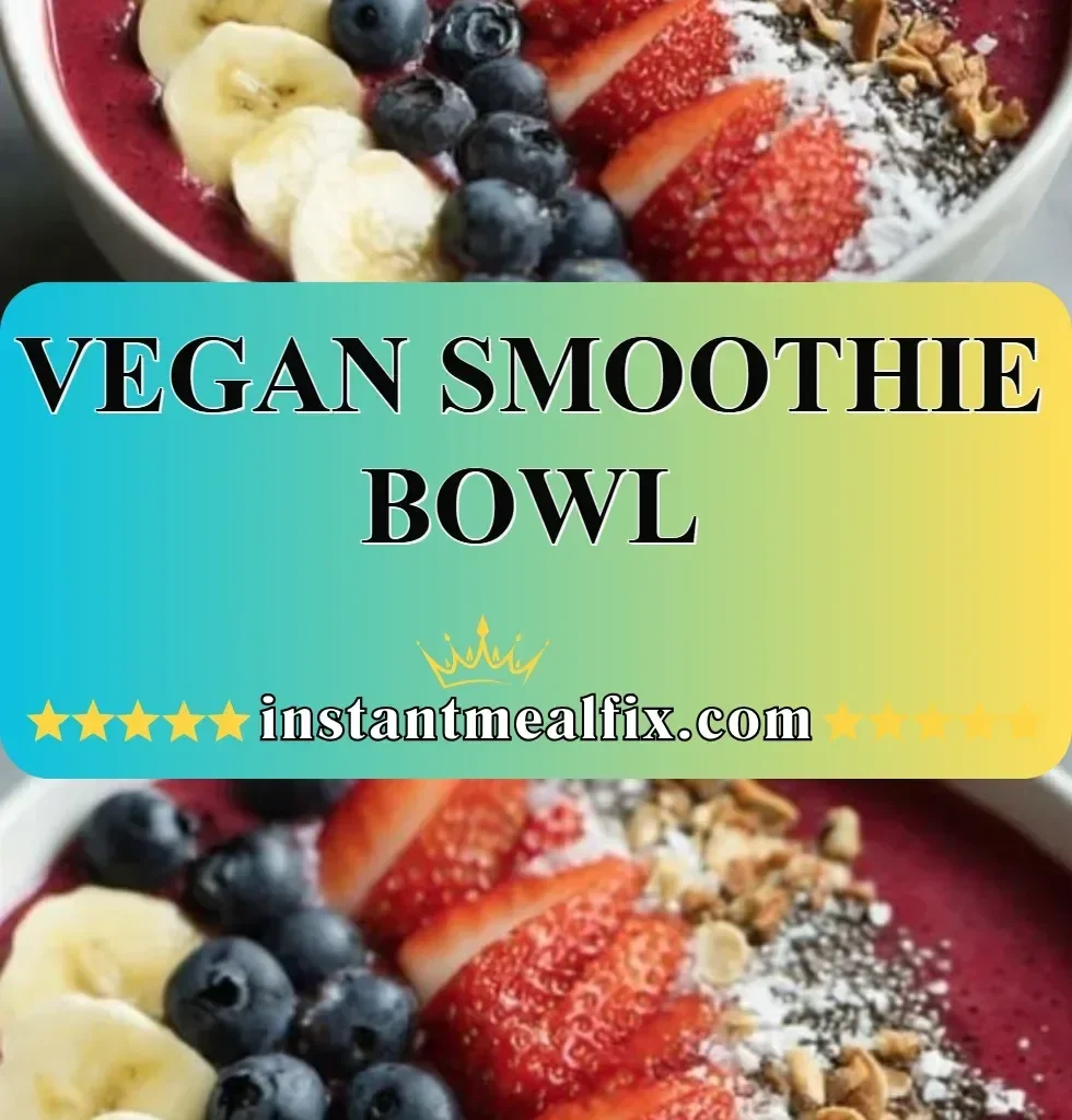 Colorful vegan smoothie bowl topped with fruits and seeds