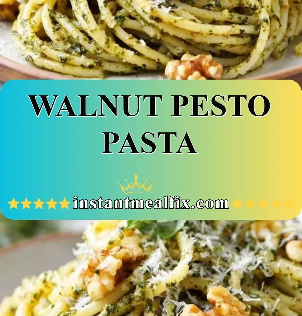 Bowl of walnut pesto pasta topped with fresh basil and Parmesan cheese
