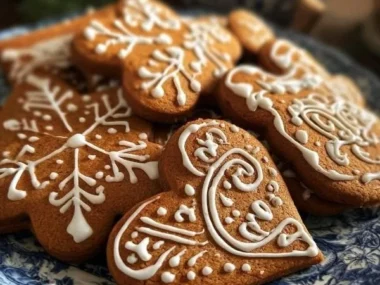 Delicious warm spiced gingerbread cookies decorated with sweet icing.