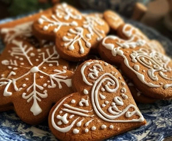 Delicious warm spiced gingerbread cookies decorated with sweet icing.