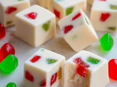 Delicious homemade white chocolate candy squares on a plate.