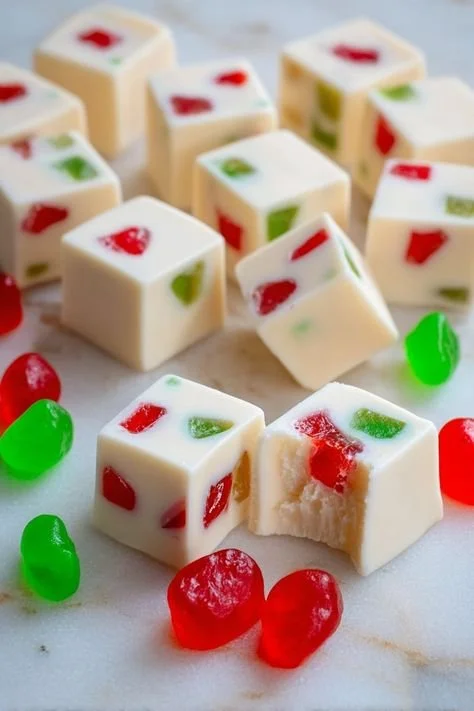 Delicious homemade white chocolate candy squares on a plate.