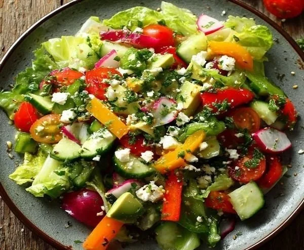 Zesty Crunchy Divorce Salad with fresh vegetables served in a bowl