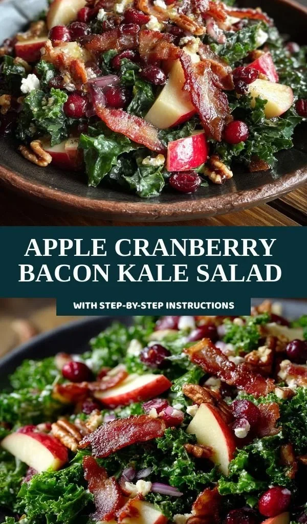 Delicious Apple Cranberry Bacon Kale Salad served in a bowl