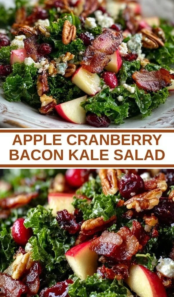 Apple cranberry bacon kale salad with colorful ingredients in a bowl