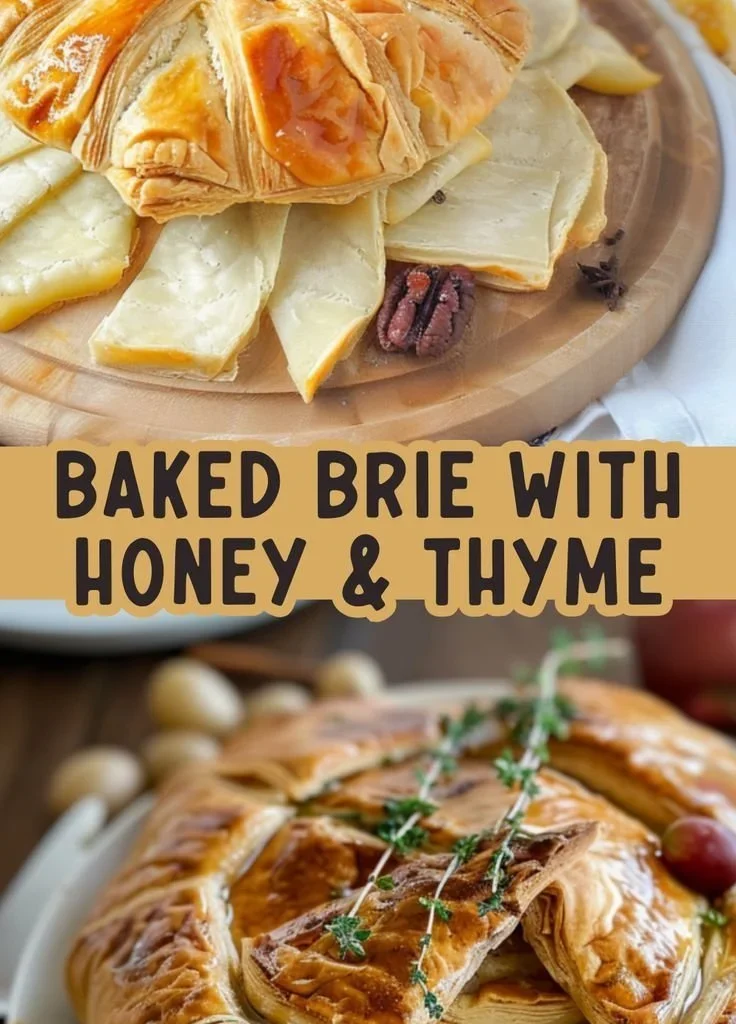 Baked Brie in crust drizzled with honey and sprinkled with thyme