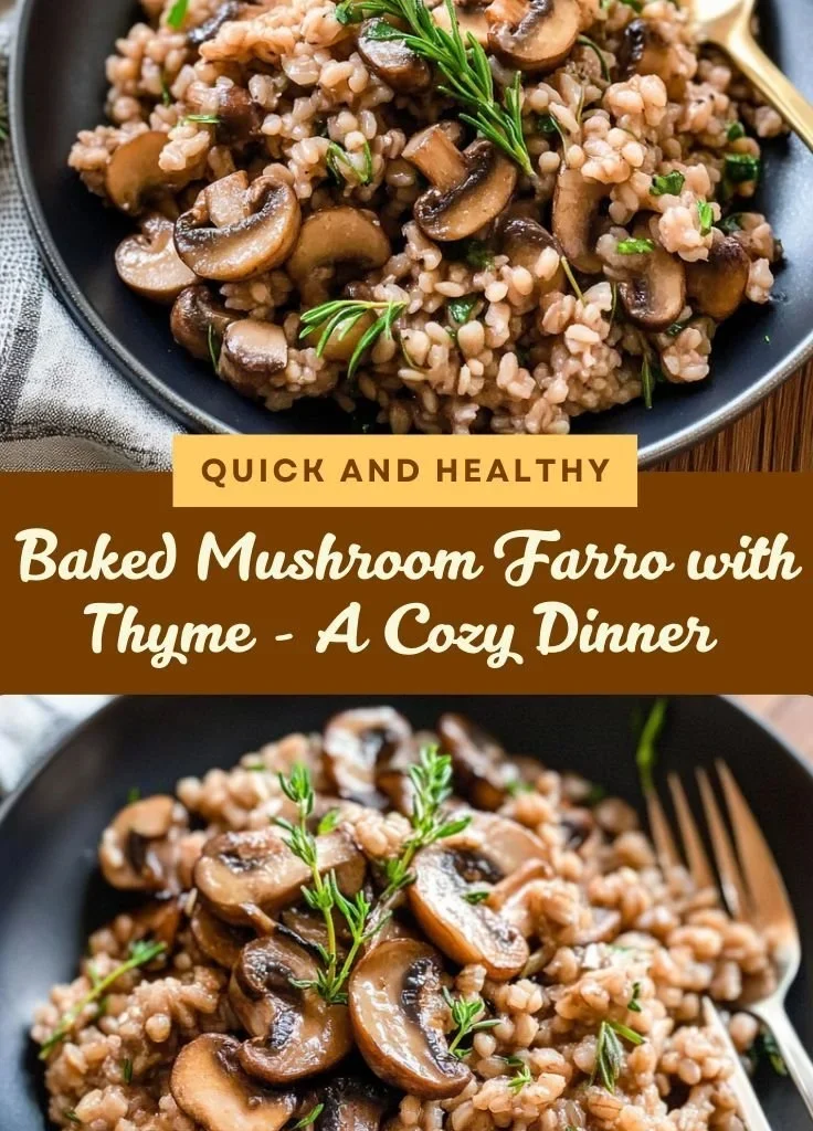 Delicious Baked Mushroom Farro with Thyme garnished with fresh herbs