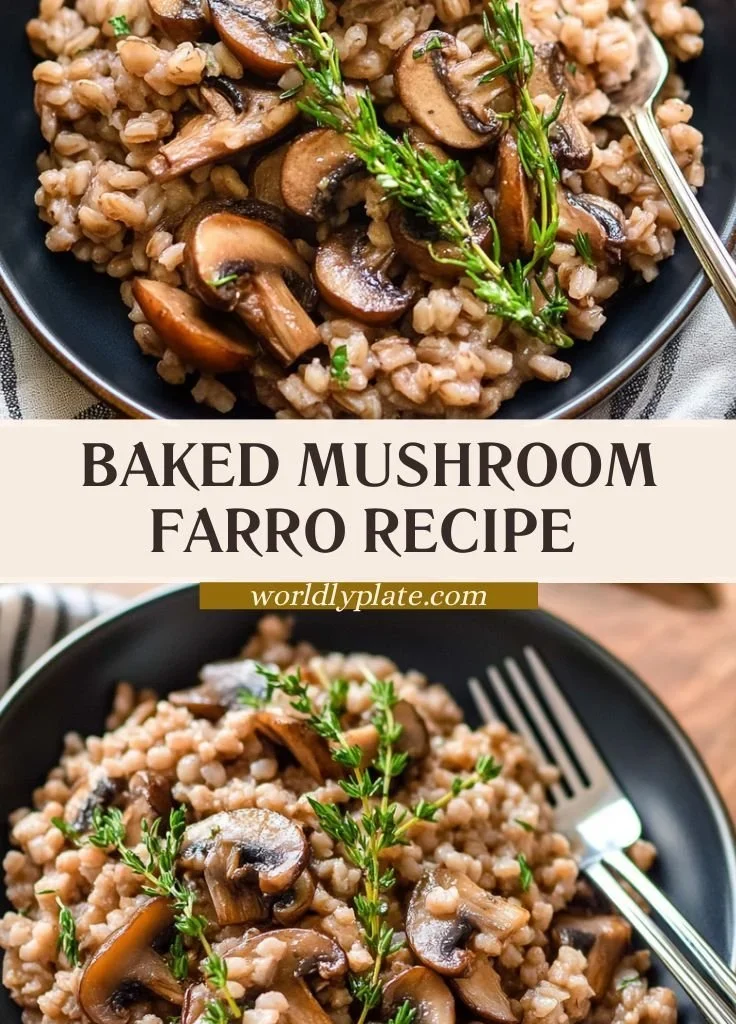 Baked Mushroom Farro with Thyme garnished with fresh herbs