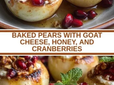 Baked pears topped with goat cheese, honey, and cranberries on a plate