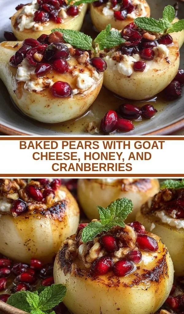 Baked pears topped with goat cheese, honey, and cranberries on a plate