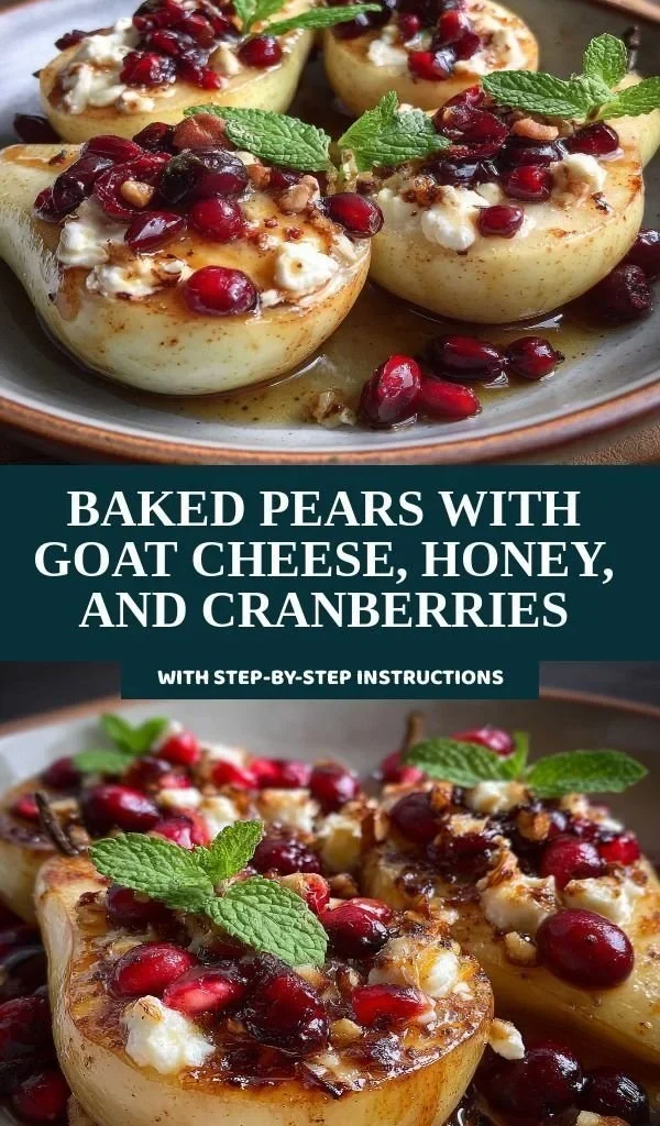 Baked pears with goat cheese, honey, and cranberries in a serving dish