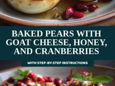 Baked pears with goat cheese, honey, and cranberries served on a plate