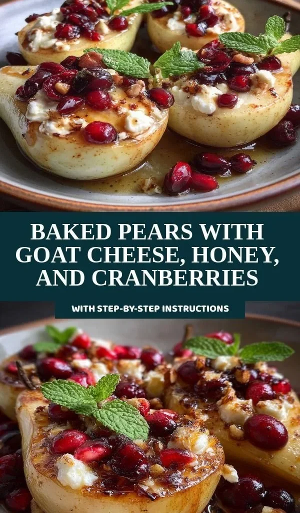 Baked pears with goat cheese, honey, and cranberries served on a plate