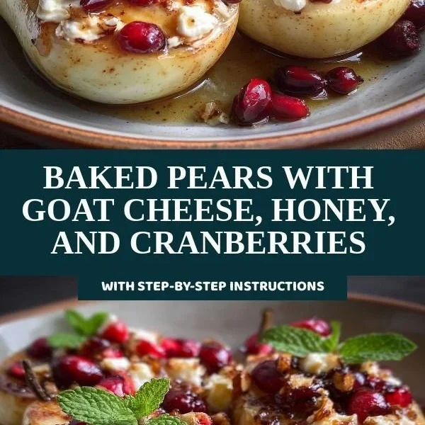 Baked pears with goat cheese, honey, and cranberries served on a plate