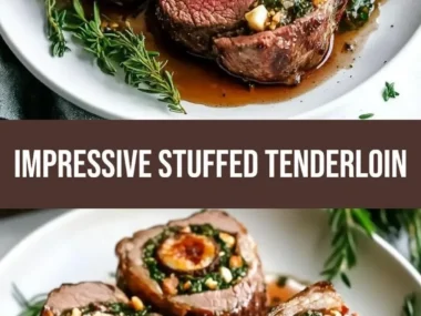 Christmas stuffed beef tenderloin served on a festive platter