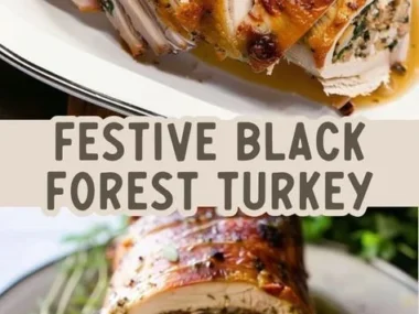 Black Forest Stuffed Turkey Roulade garnished with herbs on a festive table