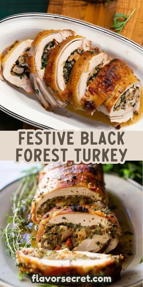 Black Forest Stuffed Turkey Roulade garnished with herbs on a festive table