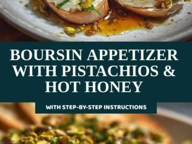 Boursin appetizer with pistachios and hot honey served on a platter
